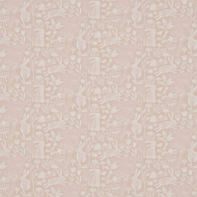 Powder blush fabric with cream rabbits, flowers, mushrooms and leafy meadow motifs