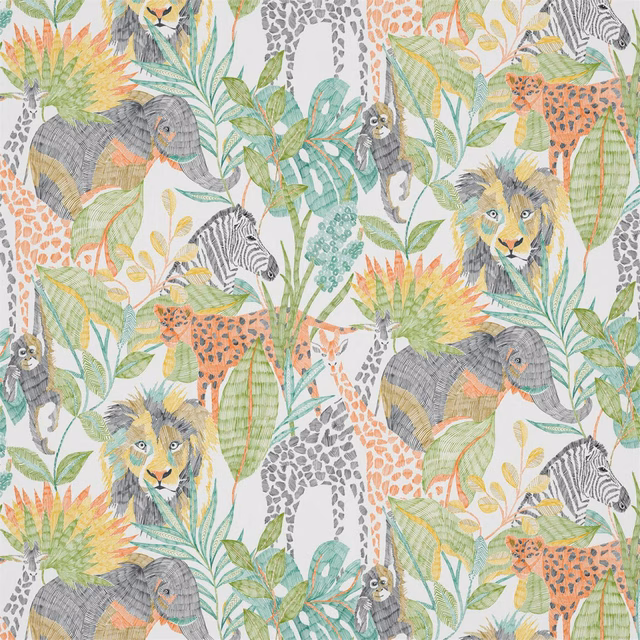 Mandarin, green and grey jungle animals and foliage on a pale ground