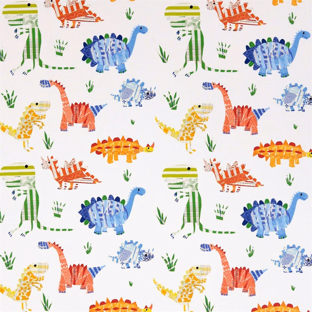 Colourful aqua, tangerine and green dinosaur print on a natural fabric ground