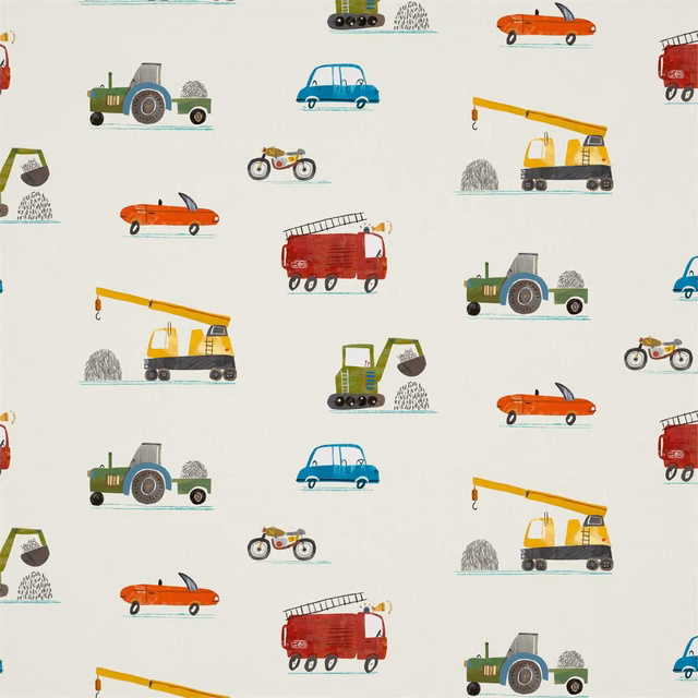 Tomato red fire engines and green tractors repeat across an ivory vehicle-print fabric
