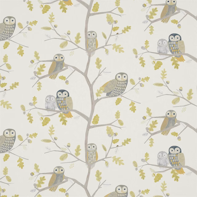 Cream fabric with grey owl groups, taupe branches and muted kiwi leaves