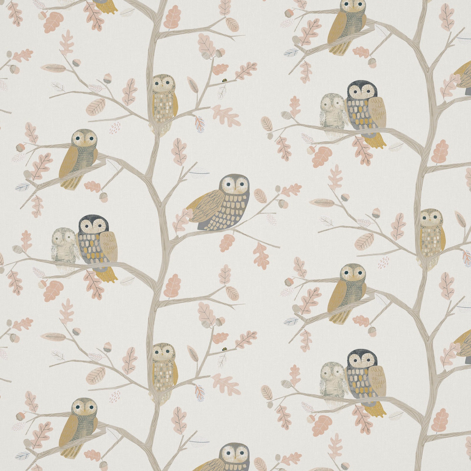 Powder ivory owl fabric with taupe branches, blush leaves and muted olive plumage