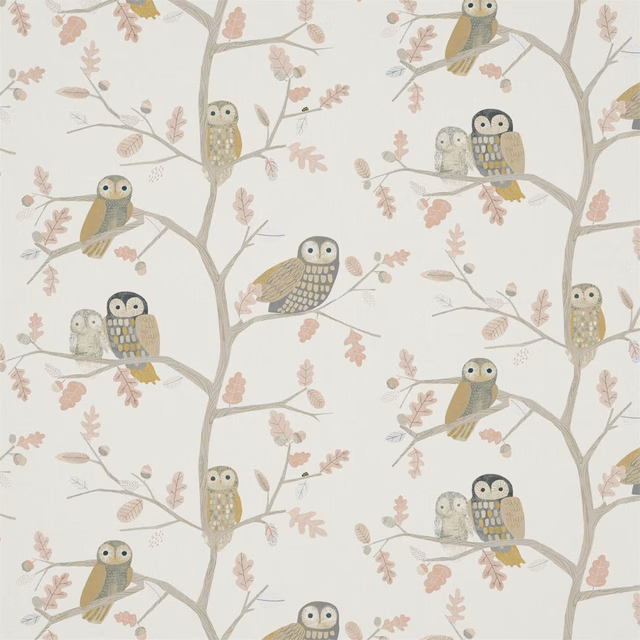 Powder ivory owl fabric with taupe branches, blush leaves and muted olive plumage