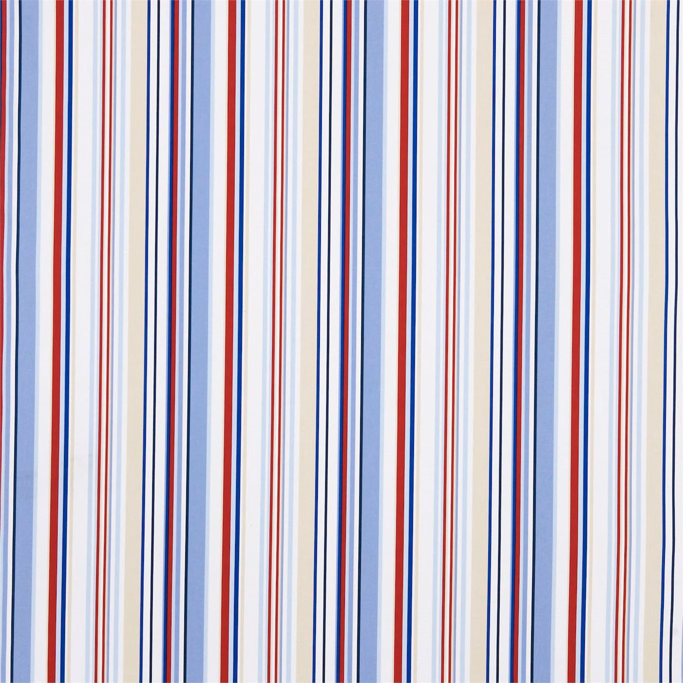 Pale stone fabric with narrow strawberry red and cornflower blue vertical stripes