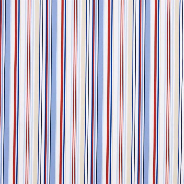 Pale stone fabric with narrow strawberry red and cornflower blue vertical stripes
