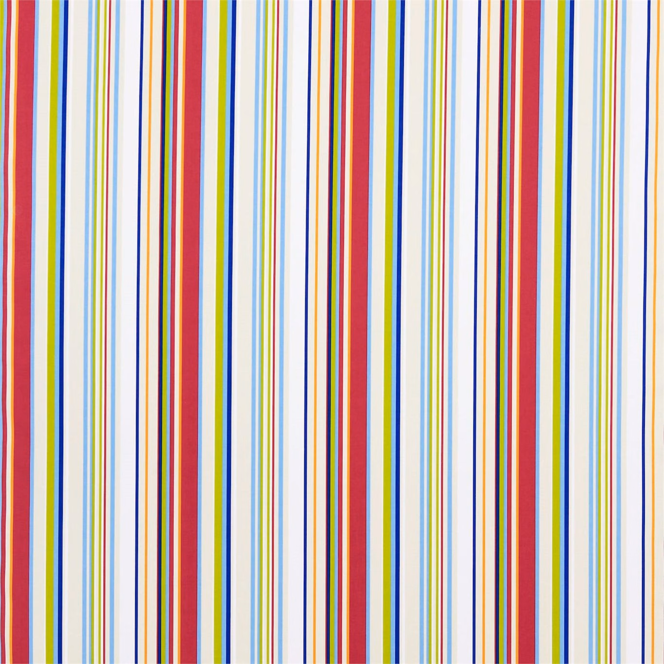 Strawberry red, sailor blue and apple green vertical stripes on a pale ground