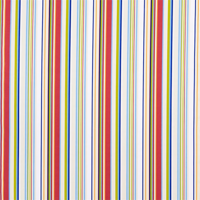 Strawberry red, sailor blue and apple green vertical stripes on a pale ground