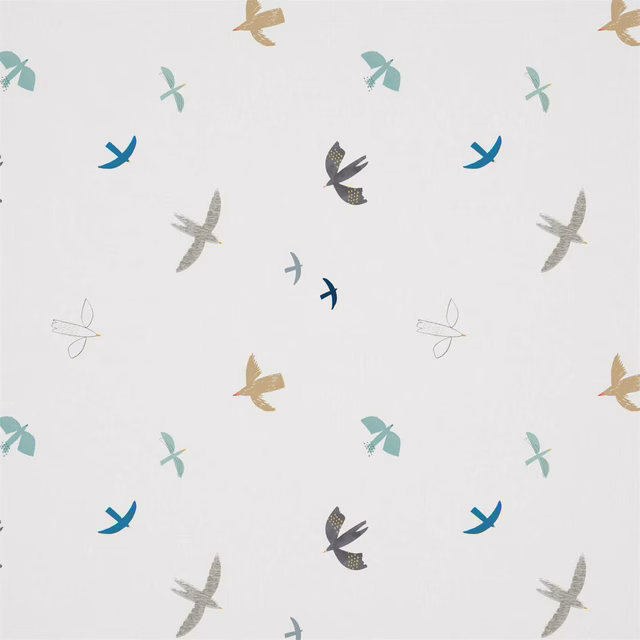 Pale duck egg fabric with scattered blue, sage, ochre and grey flying birds