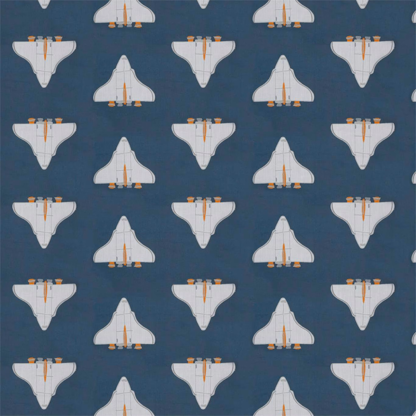 Deep navy fabric with repeating pale space shuttles and apricot details