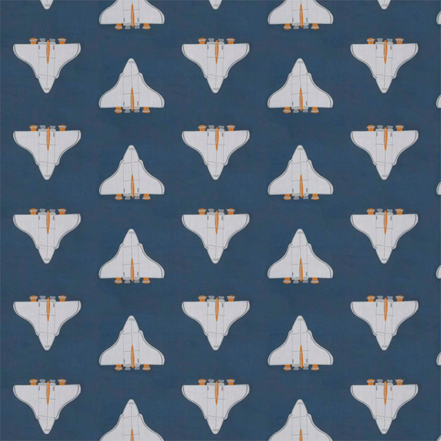 Deep navy fabric with repeating pale space shuttles and apricot details