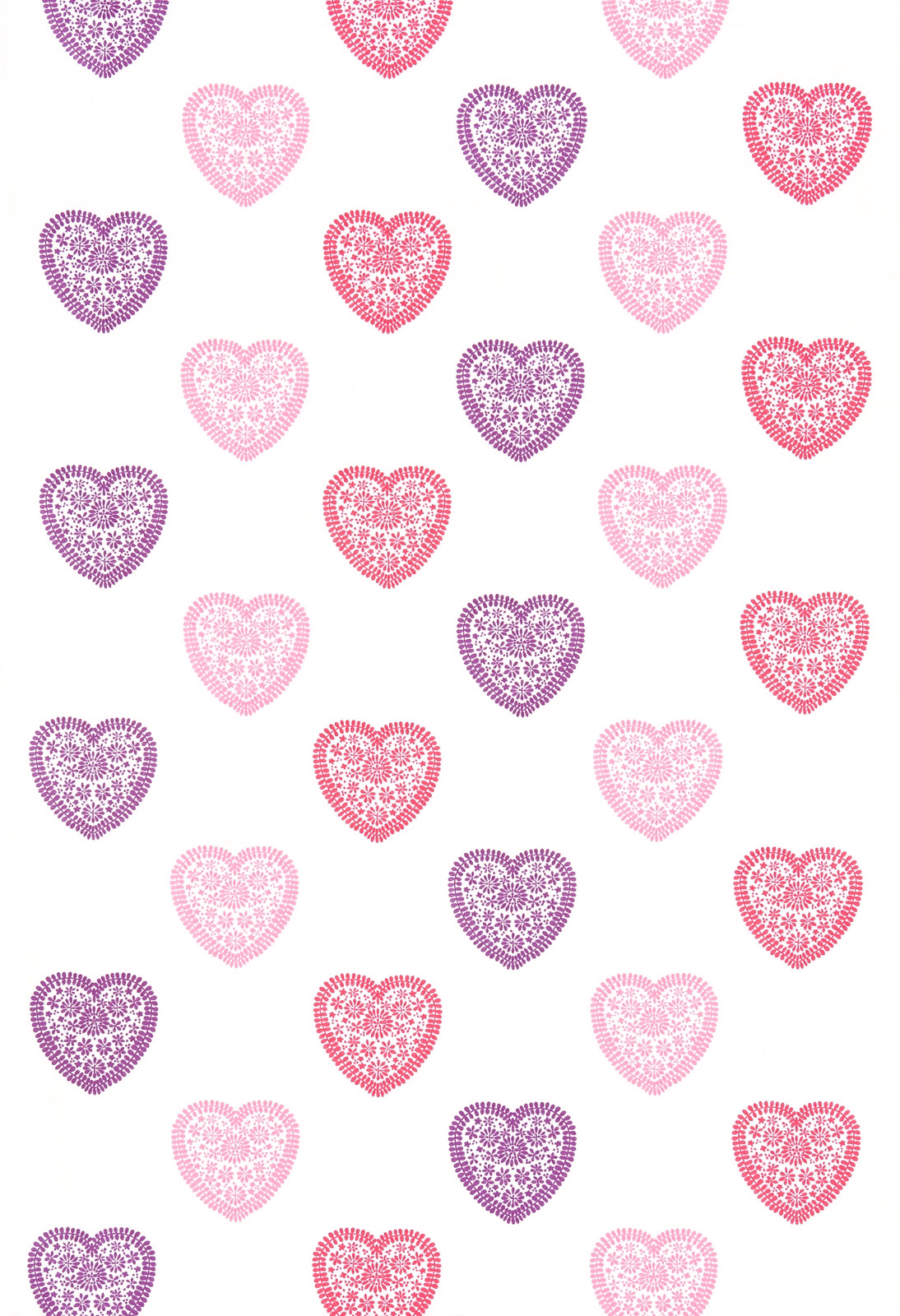 Pink, blush and purple lace-pattern hearts scattered across a white fabric ground