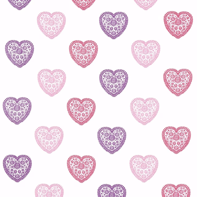Pink, blush and purple lace-pattern hearts scattered across a white fabric ground
