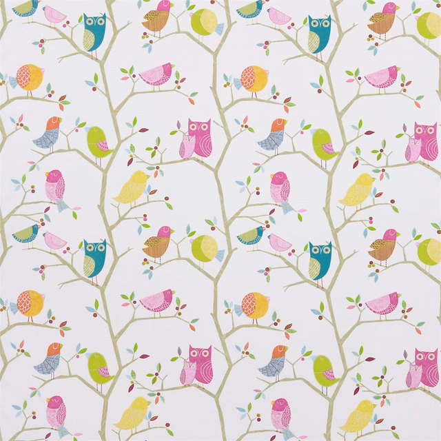 Pink and aquamarine owls and birds among branches on a natural fabric ground
