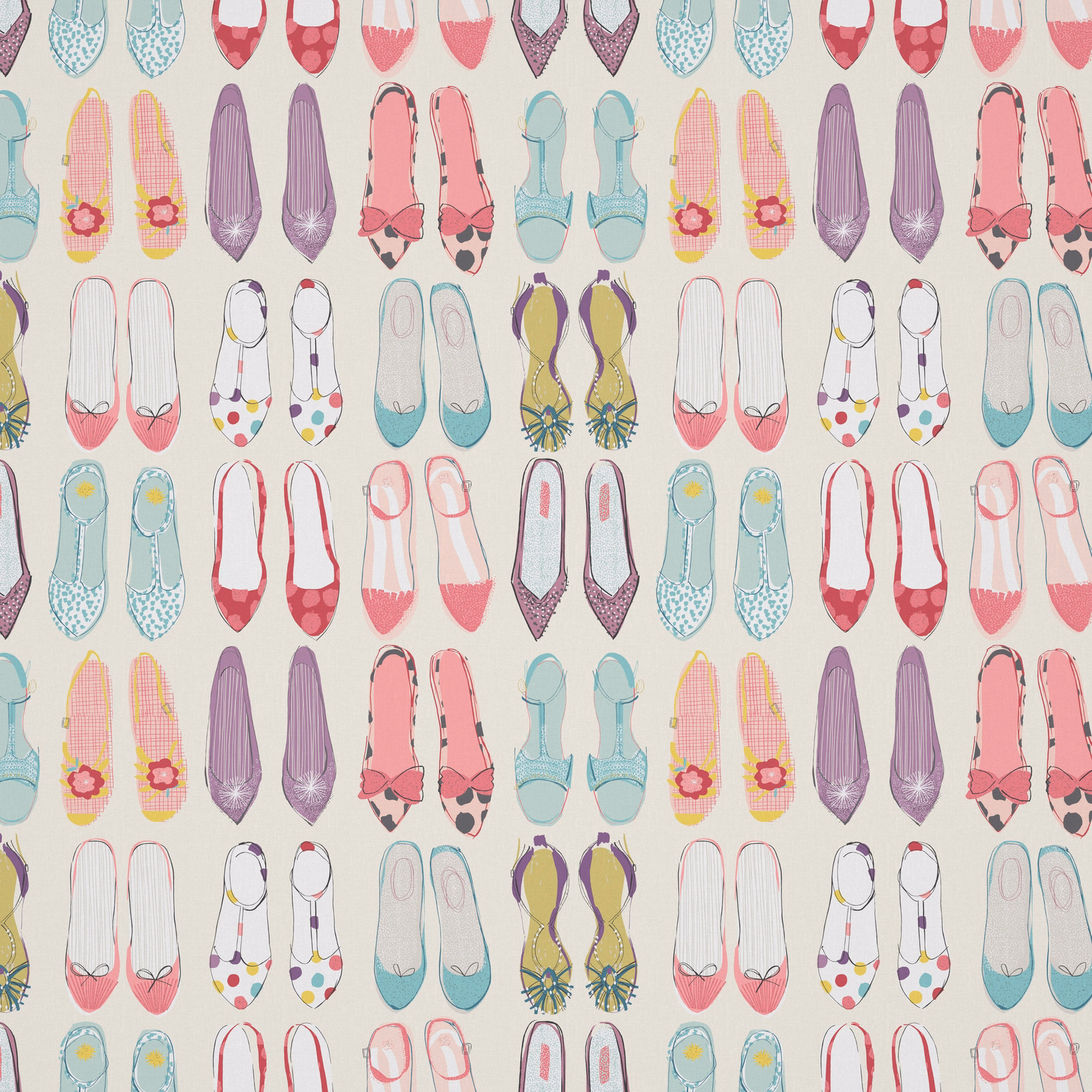 Rows of illustrated shoes in pastel sky blue, blossom pink, lilac and red