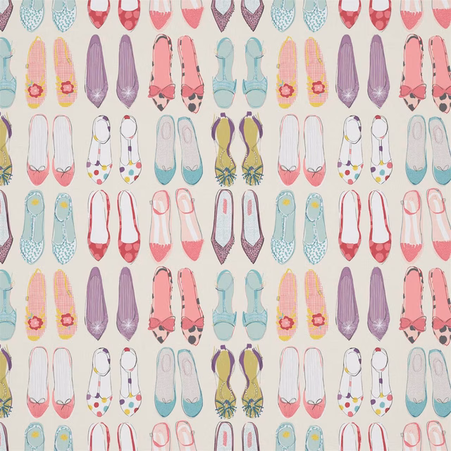 Rows of illustrated shoes in pastel sky blue, blossom pink, lilac and red