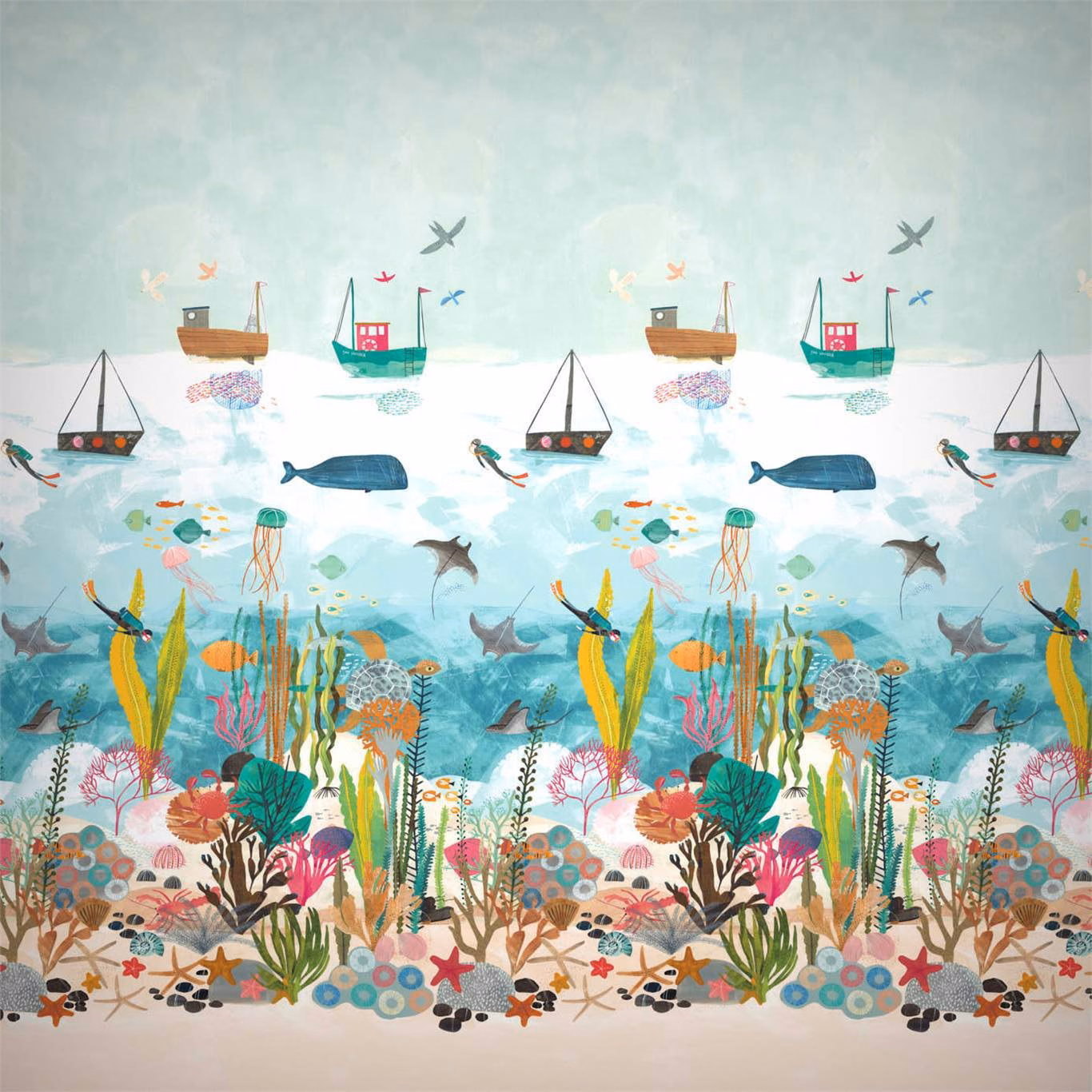 Pale aqua marine wallpaper with boats, fish, coral and seabed illustrations