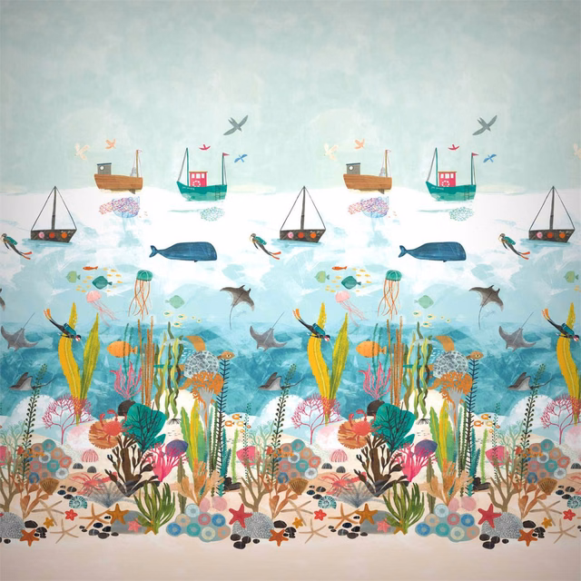 Pale aqua marine wallpaper with boats, fish, coral and seabed illustrations