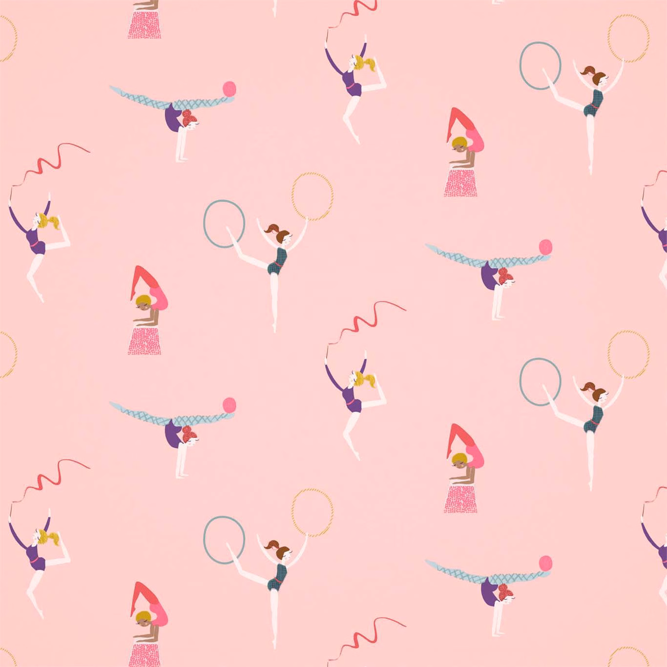 Blush pink wallpaper with raspberry and grape balancing figures, loops and ribbons