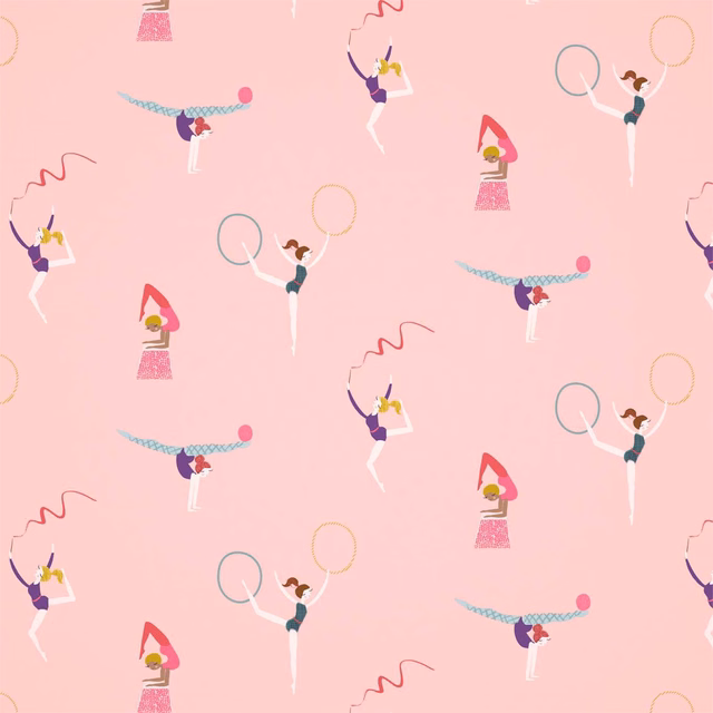 Blush pink wallpaper with raspberry and grape balancing figures, loops and ribbons