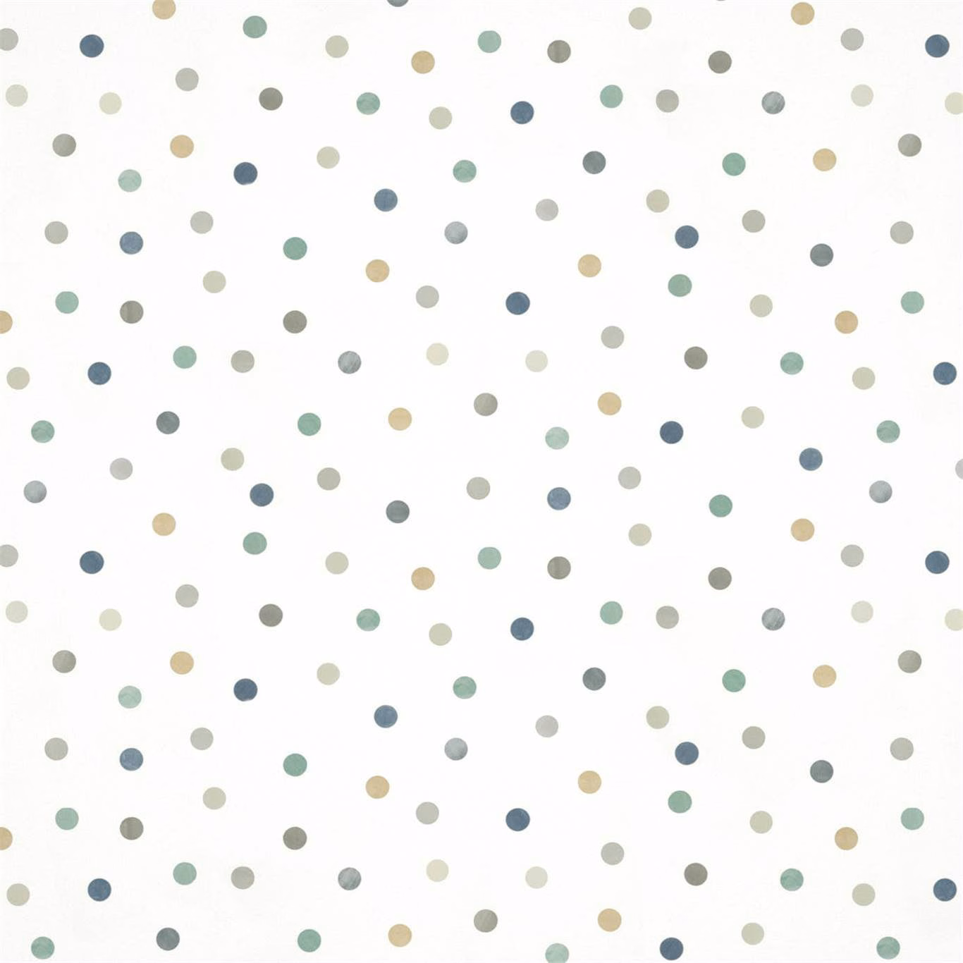 Small gilver, duck-egg and denim dots scattered across a white wallpaper ground