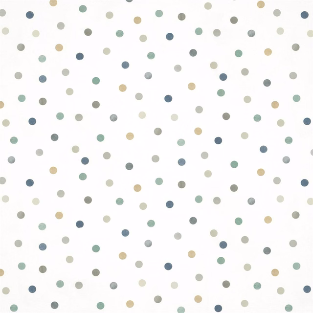 Small gilver, duck-egg and denim dots scattered across a white wallpaper ground