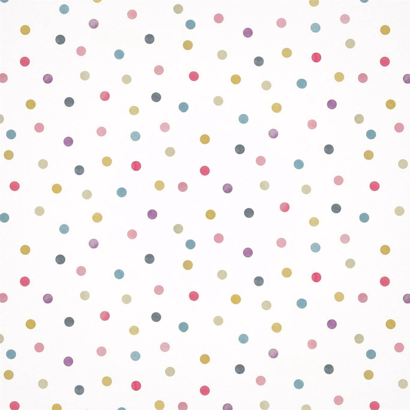 White wallpaper with scattered raspberry, grape, pink, teal and mustard dots