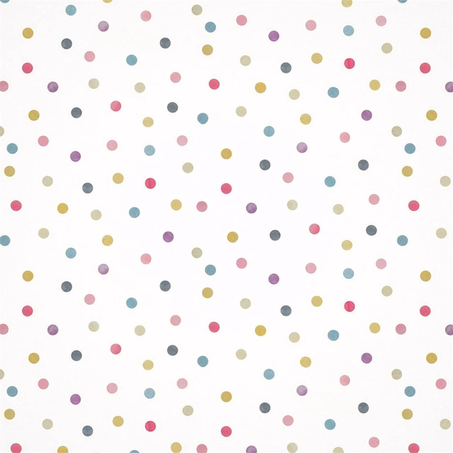 White wallpaper with scattered raspberry, grape, pink, teal and mustard dots
