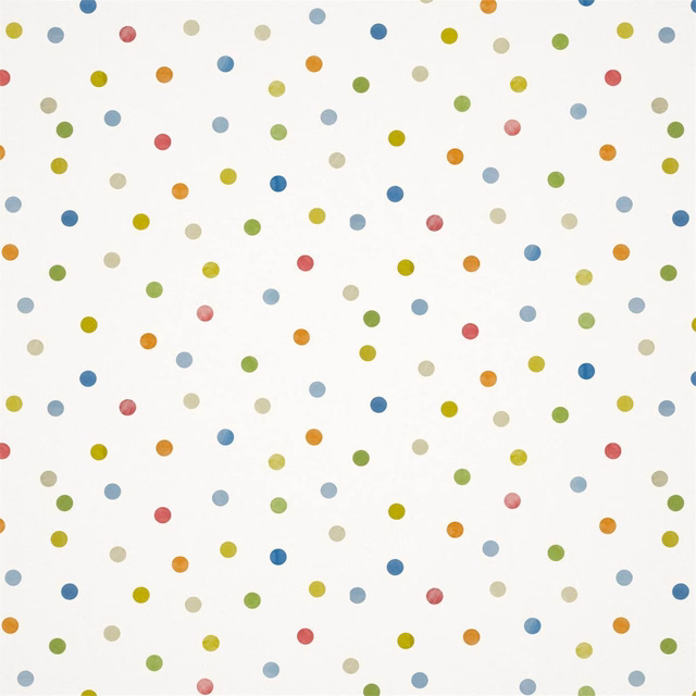 Warm white wallpaper with scattered sky-blue, green, ochre and coral dots