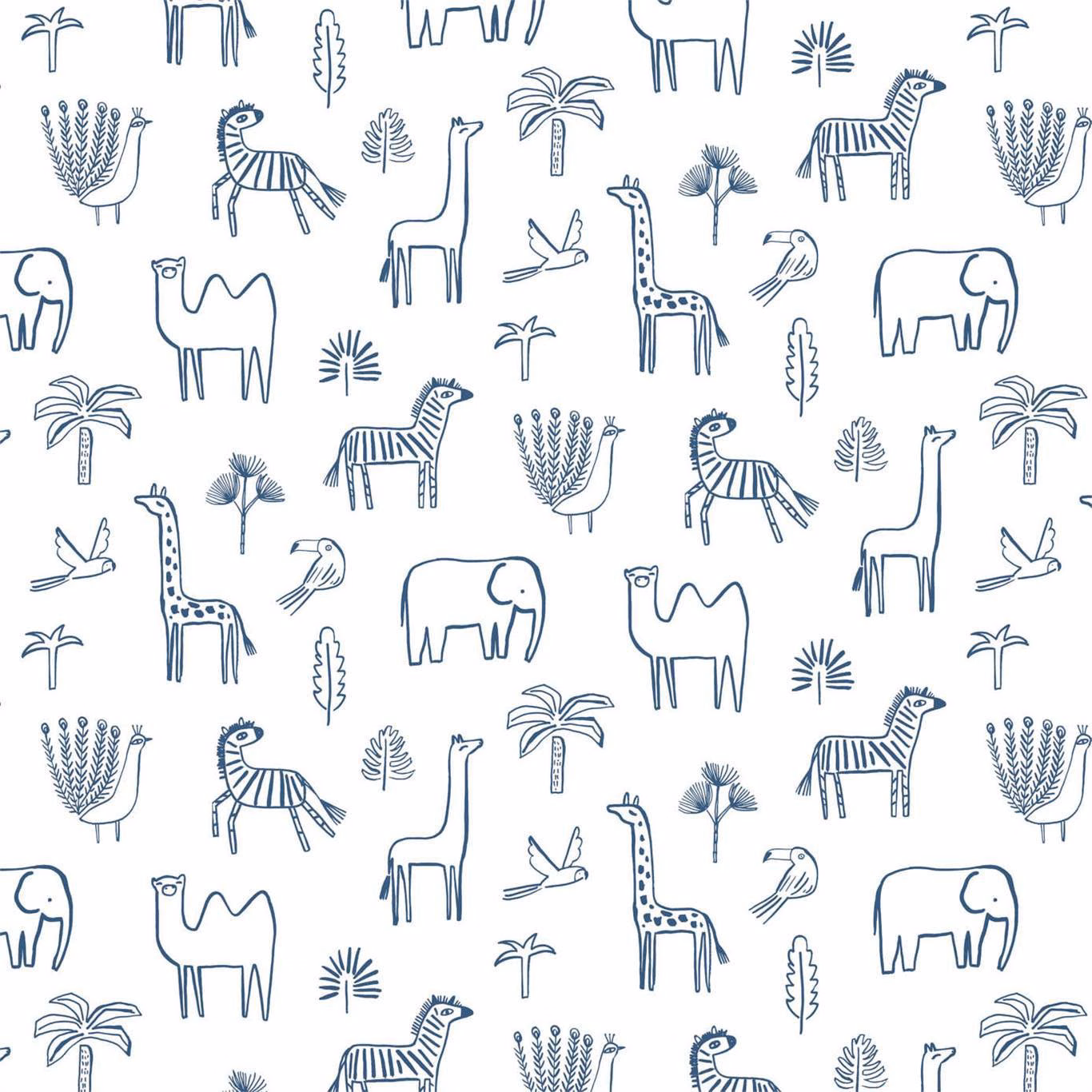 Navy hand-drawn elephants, giraffes and zebras on a white jungle wallpaper ground