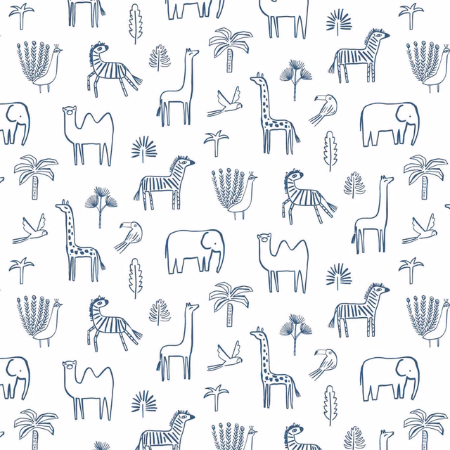 Navy hand-drawn elephants, giraffes and zebras on a white jungle wallpaper ground
