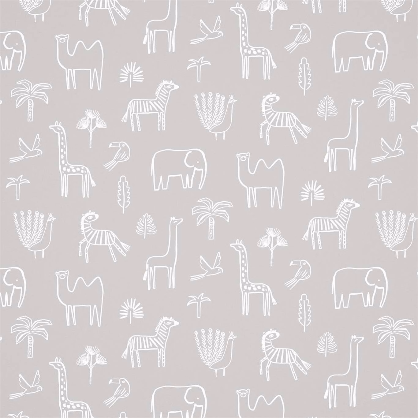 Stone-grey wallpaper with white elephants, giraffes, camels, zebras and palm line drawings