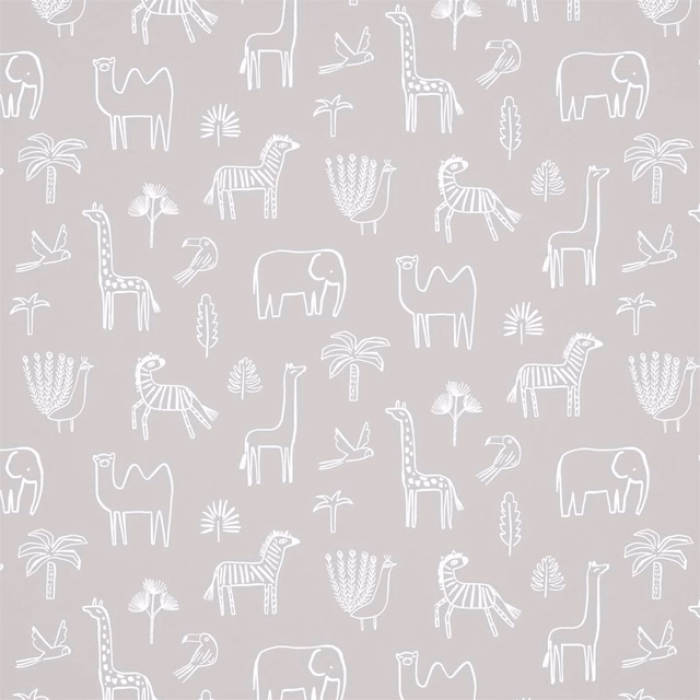 Stone-grey wallpaper with white elephants, giraffes, camels, zebras and palm line drawings