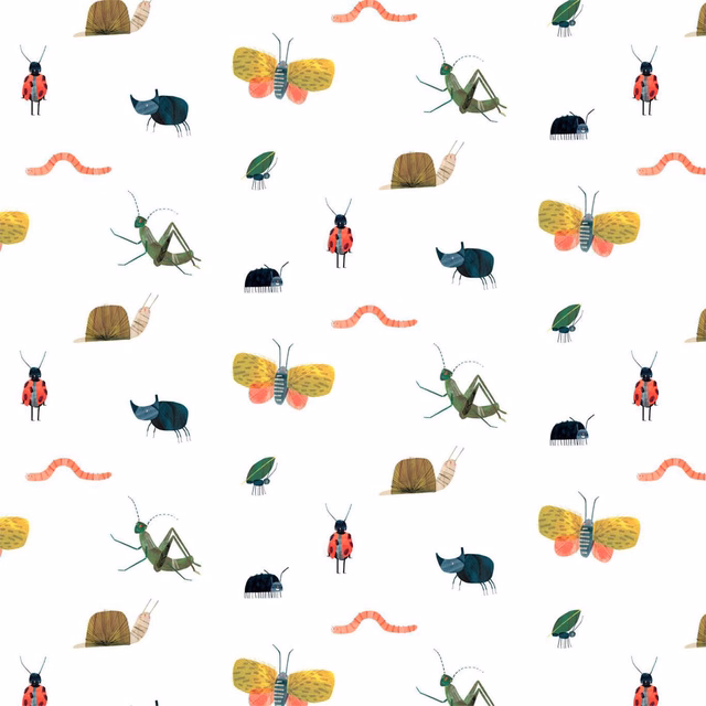 White wallpaper with poppy ladybirds, ochre butterflies, green grasshoppers and teal beetles