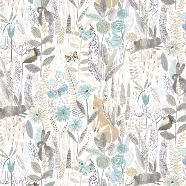 Linen wallpaper with duck egg botanicals, stone rabbits, flowers and fine leafy stems