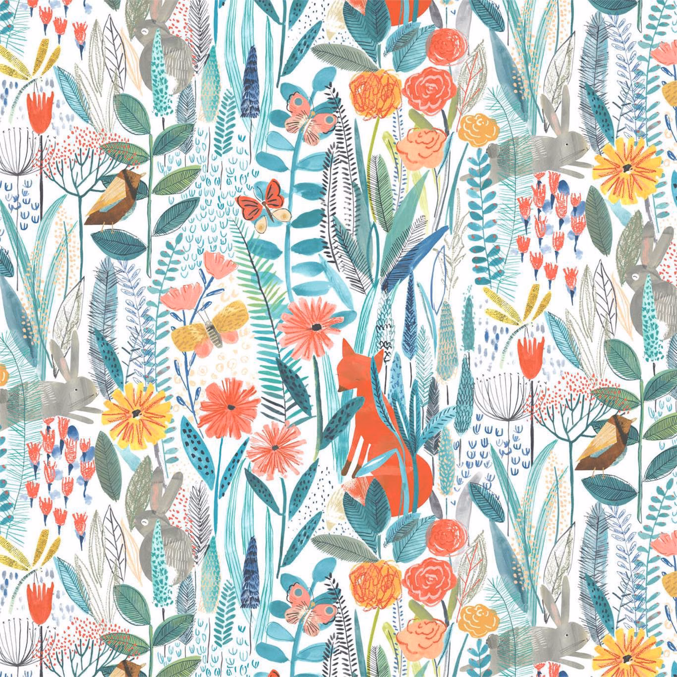 White-ground wallpaper with coral flowers, teal leaves, ochre blooms and grey birds