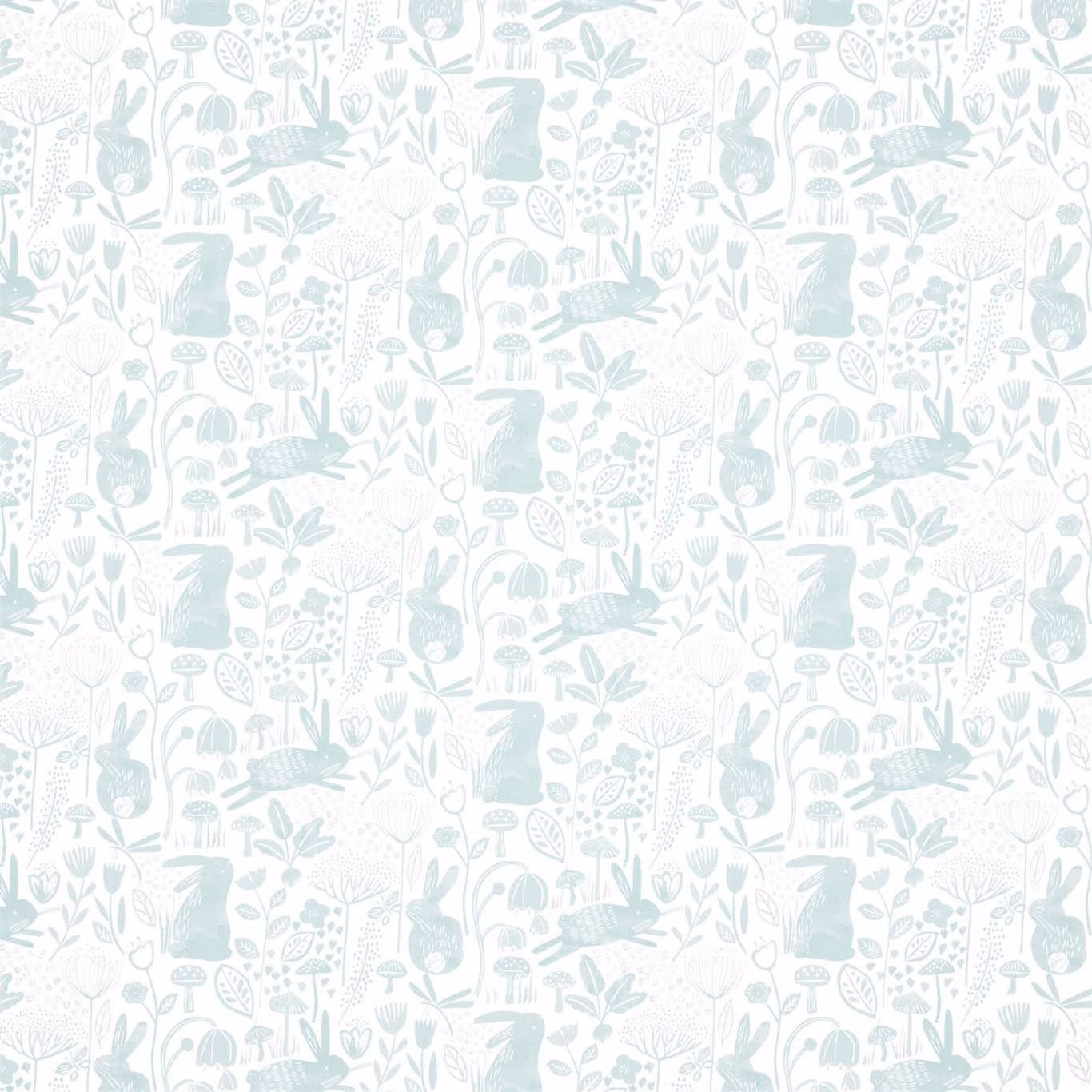 Pale duck egg wallpaper with whimsical rabbits, birds, flowers and leafy meadow motifs