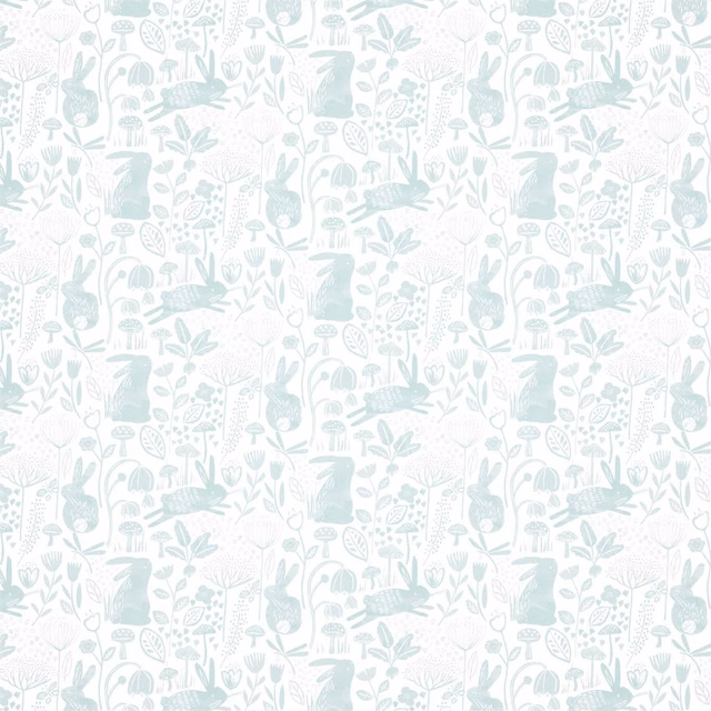 Pale duck egg wallpaper with whimsical rabbits, birds, flowers and leafy meadow motifs