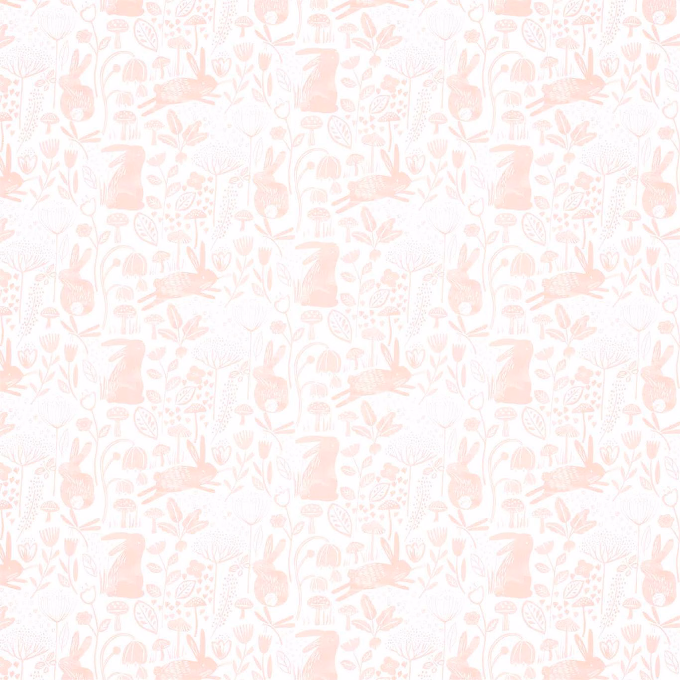 Powder pink meadow wallpaper with rabbits, birds, flowers and delicate cream linework