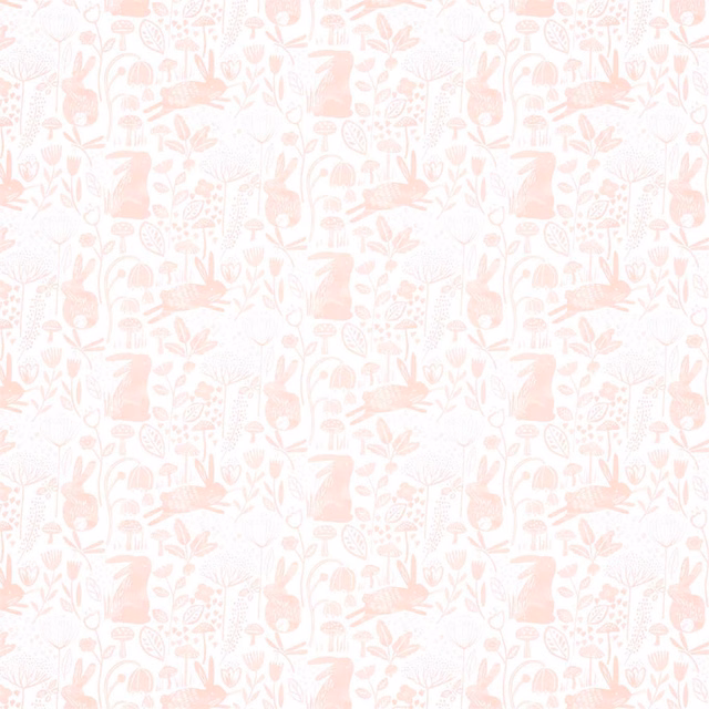Powder pink meadow wallpaper with rabbits, birds, flowers and delicate cream linework