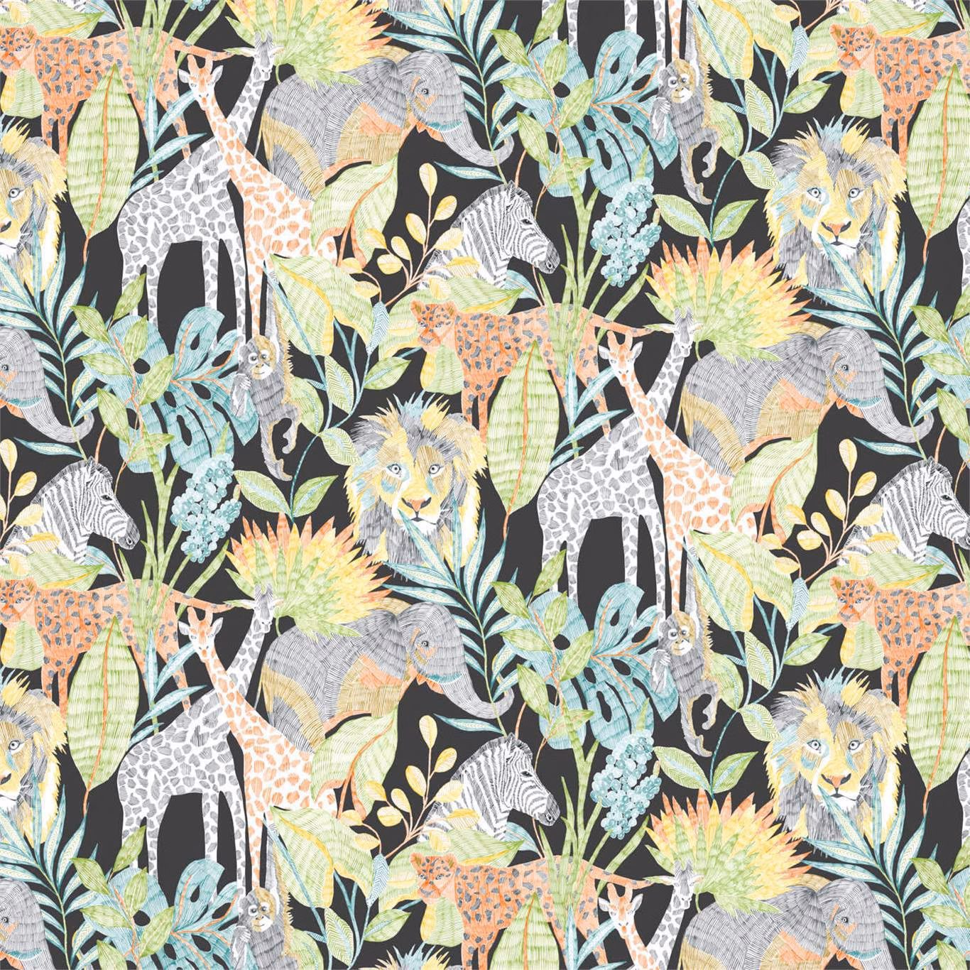 Near-black jungle wallpaper with lions, giraffes, zebras, elephants and pale leafy foliage