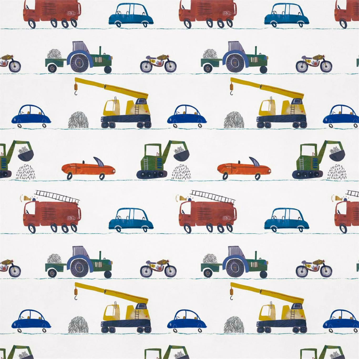 Tomato trucks, marine cars and gecko tractors in a repeating vehicle scene