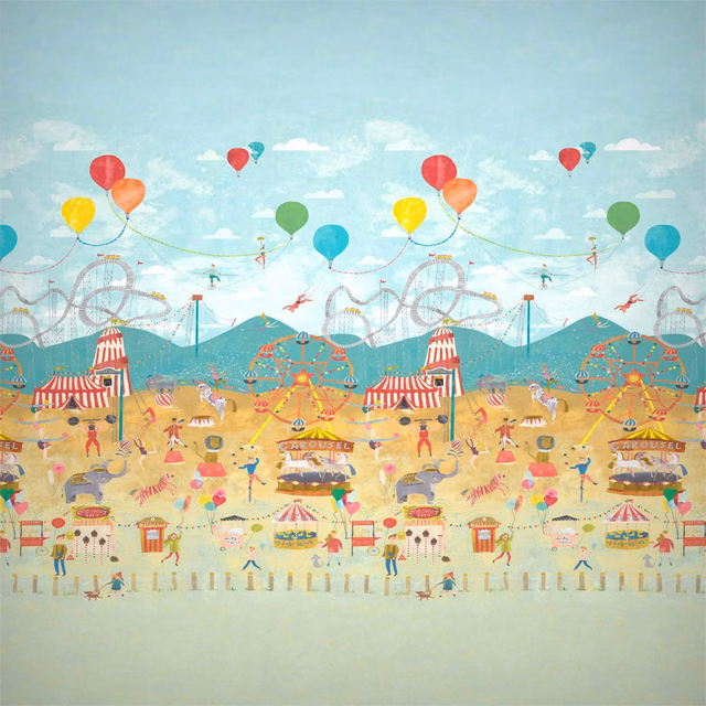 Pale aqua circus wallpaper with balloons, striped tents, rides and turquoise hills