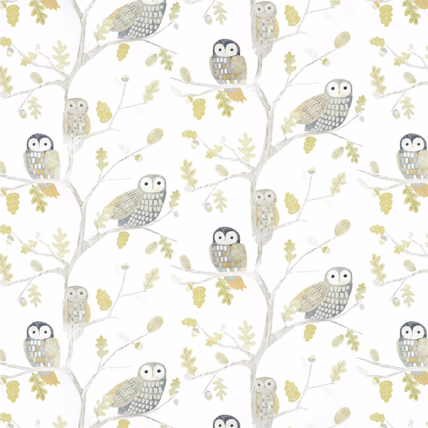 Kiwi wallpaper with grey owls, pale branches, leafy green sprigs and ochre accents