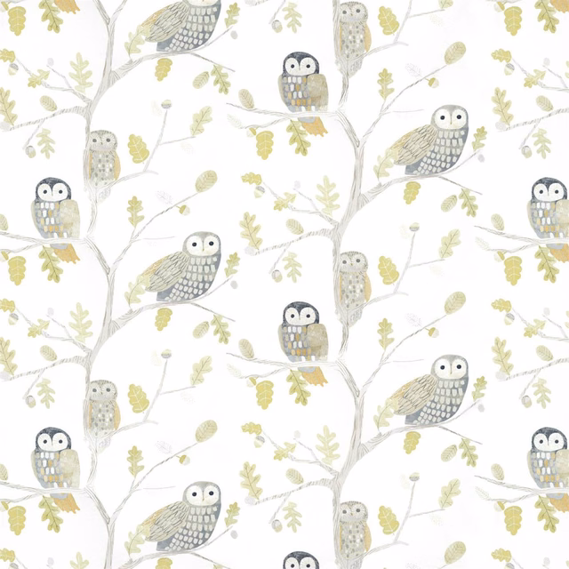 Kiwi wallpaper with grey owls, pale branches, leafy green sprigs and ochre accents