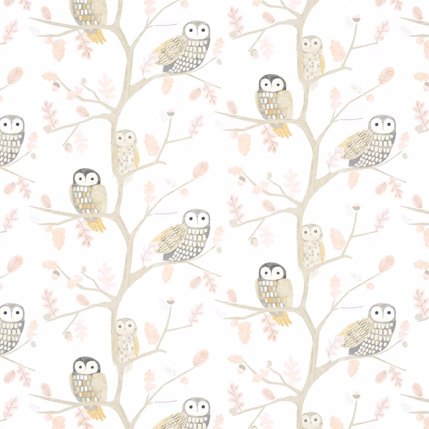 Powder cream wallpaper with grey owls, taupe branches and blush-pink leaves