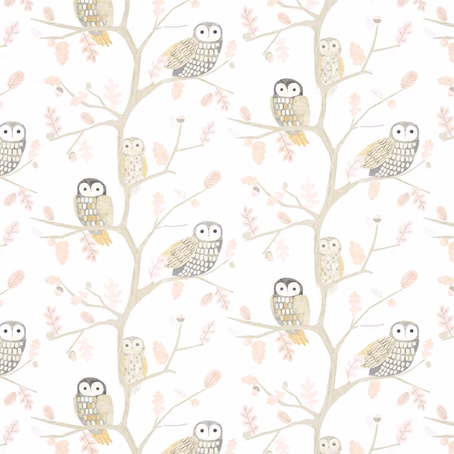 Powder cream wallpaper with grey owls, taupe branches and blush-pink leaves