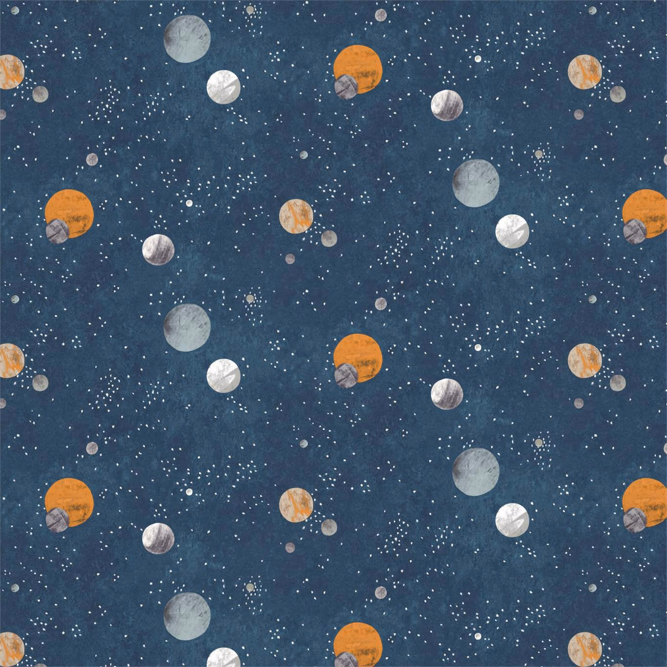 Deep teal wallpaper scattered with orange, silver and cream planets and stars