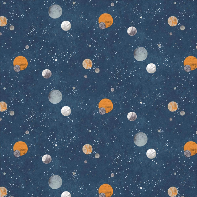 Deep teal wallpaper scattered with orange, silver and cream planets and stars