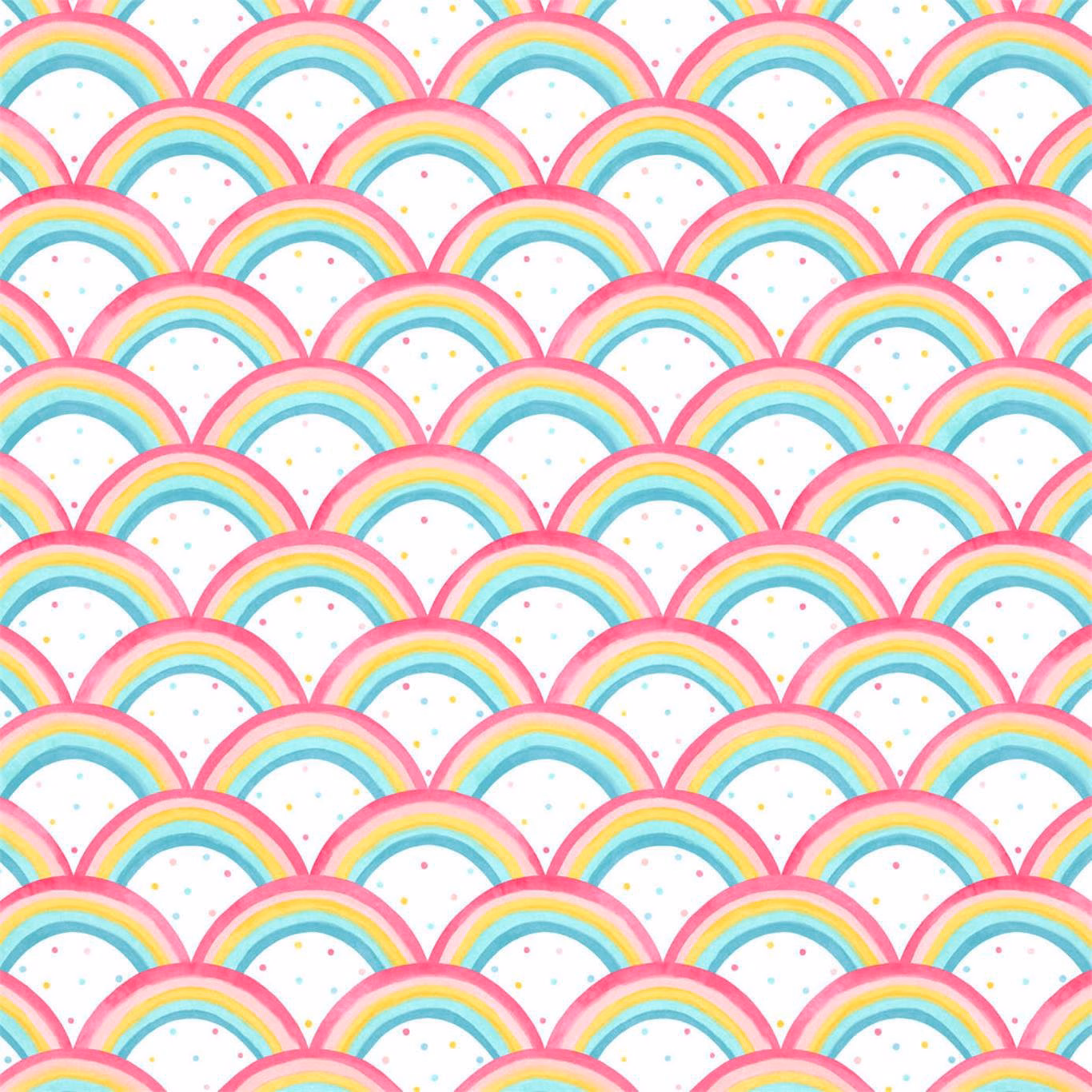 Bright rainbow arches with pink, yellow and blue bands on a dotted white ground