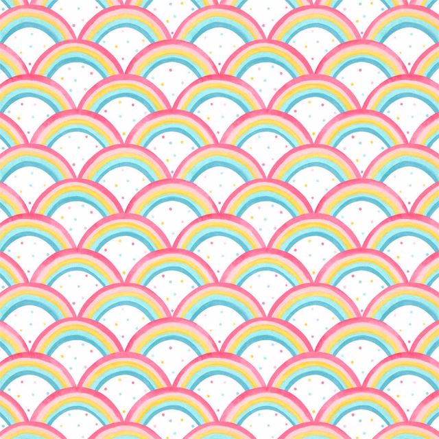 Bright rainbow arches with pink, yellow and blue bands on a dotted white ground